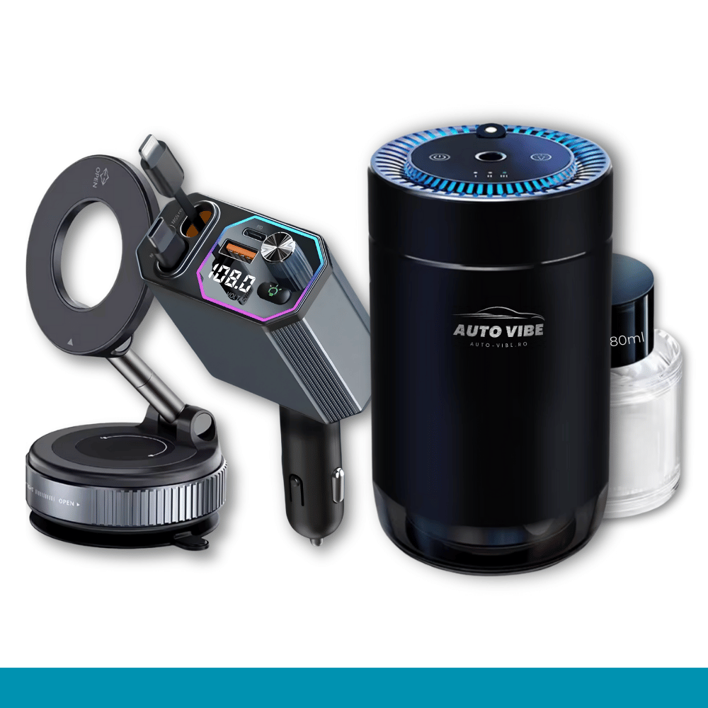 Pachet 3 Produse: Odorizant (80ml parfum) + Încărcător retractabil cu Bluetooth + Suport de telefon