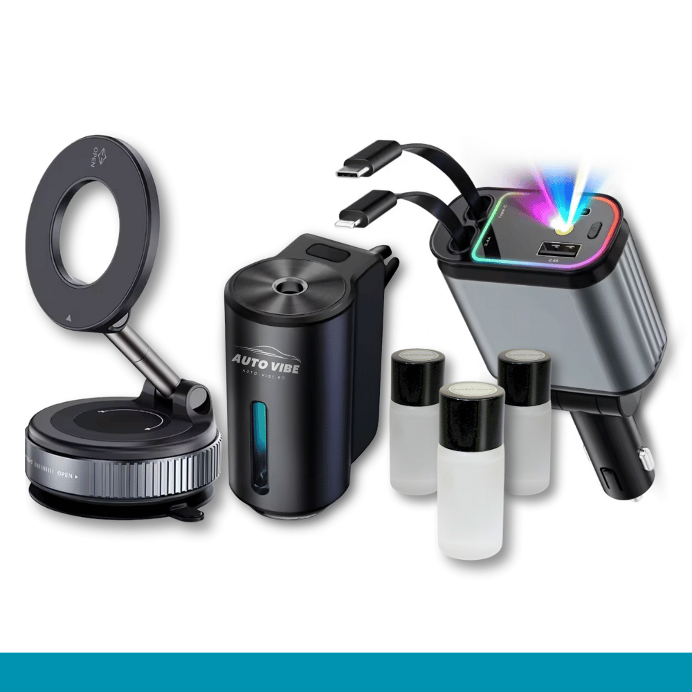 Pachet 3 Produse: Odorizant (30ml parfum) + Încărcător retractabil cu steluțe + Suport de telefon